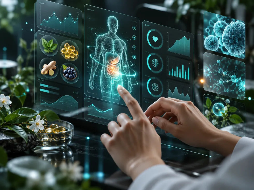 Hands interacting with a futuristic metabolic health dashboard