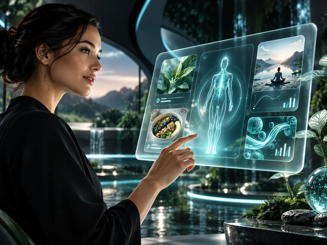 Futuristic wellness learning interface showing metabolic health visuals and article-style panels