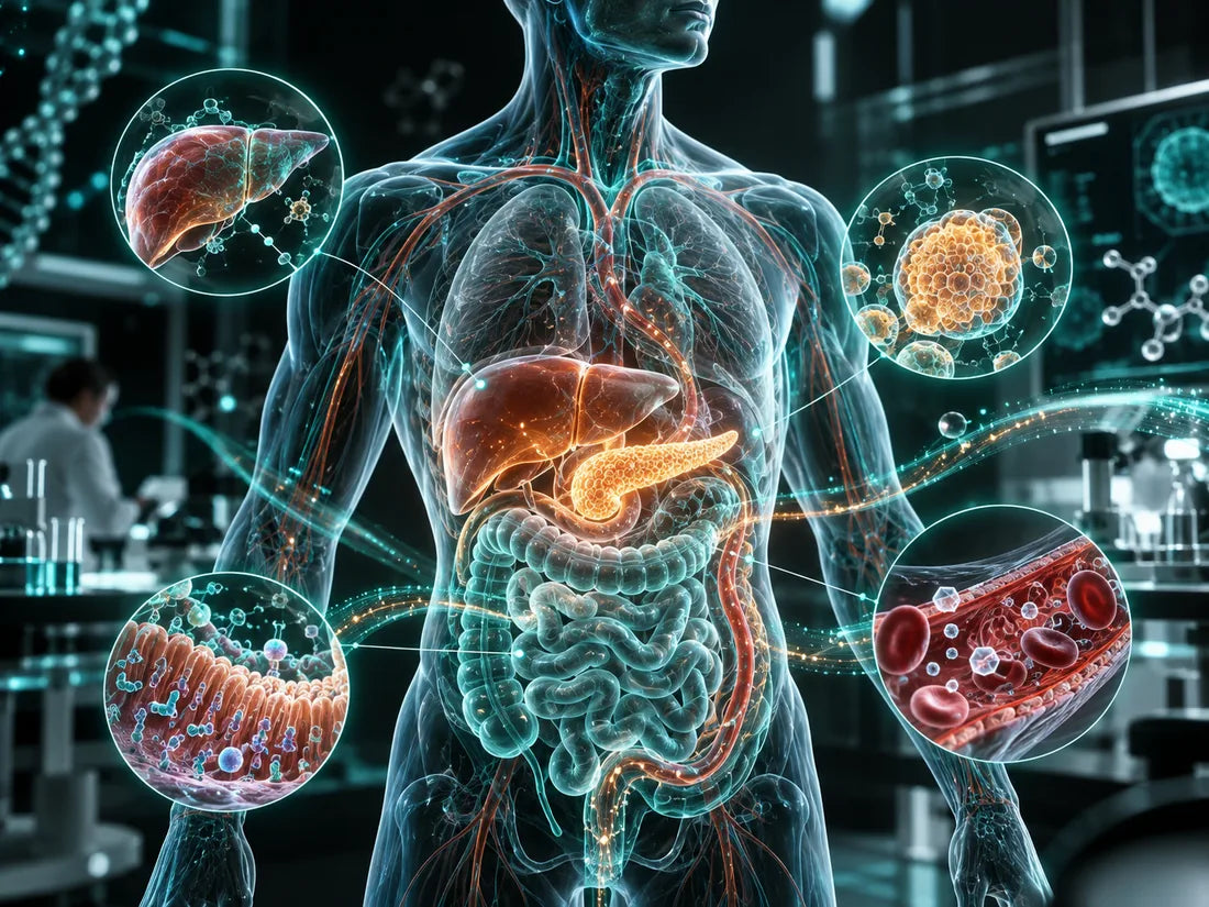 Futuristic medical visualization showing metabolic health systems including liver, pancreas, blood vessels, and gut