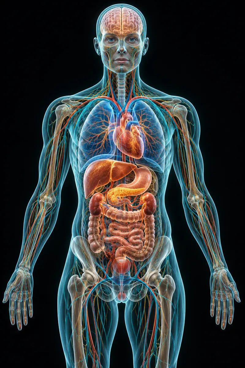 Full-head, front-facing realistic medical CGI showing eyes, brain, heart, liver, pancreas and both kidneys; teal glow overlays indicate selected systems